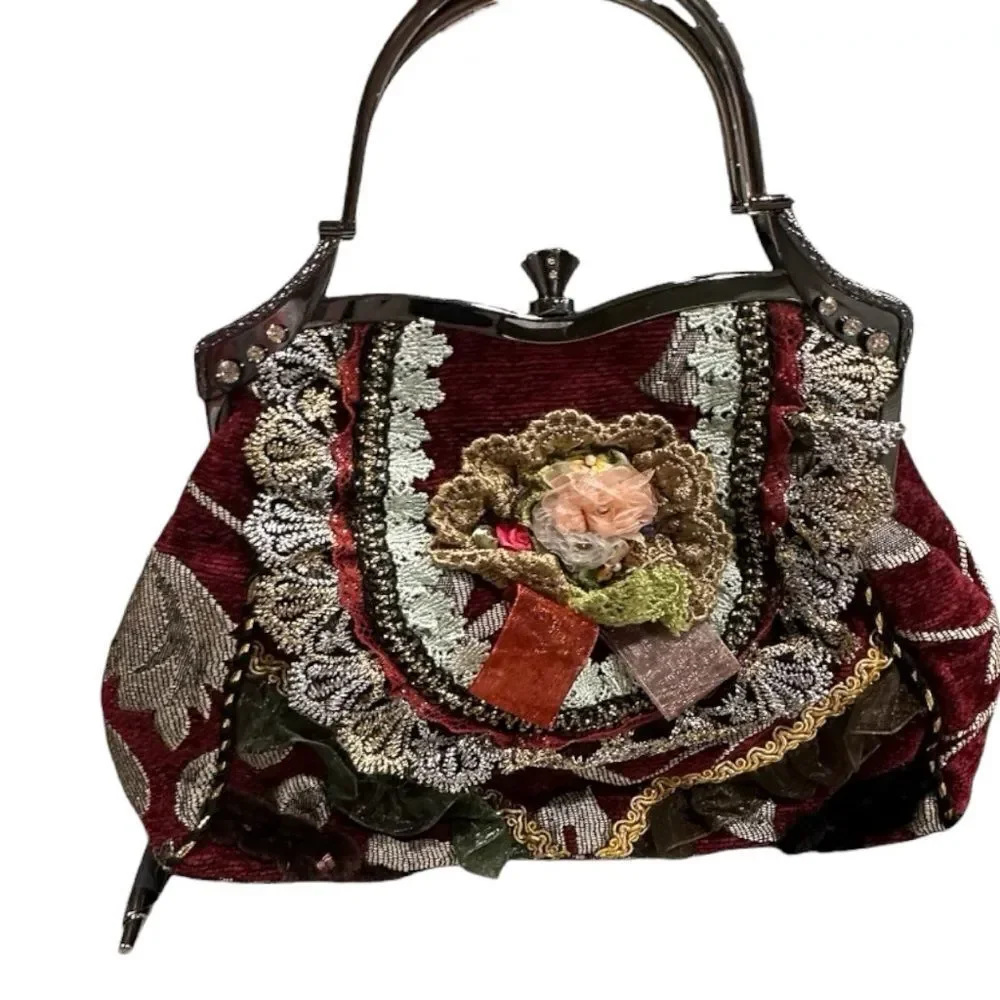 VTG Velvet Tapestry Bag Purse Ornate Rhinestones Ruffles Handbag Flowers Tassel